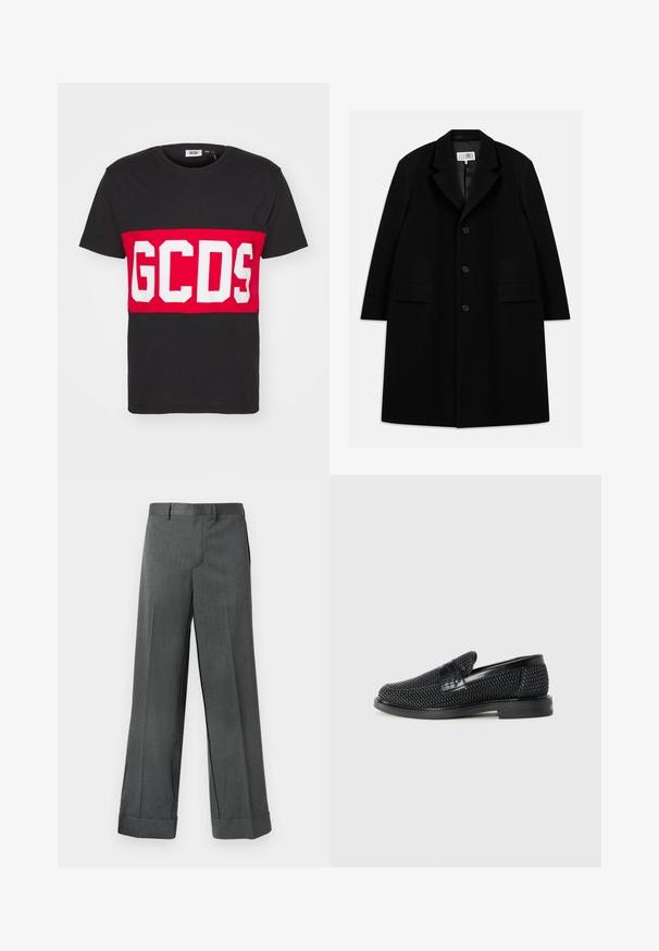 Manteau en laine noire avec col en pointe, cinq boutons, deux poches avant et une texture lisse, s'étendant jusqu'à mi-cuisse.; GCDS BAND LOGO REGULAR - T-shirt imprimé - black; Pantalons larges gris en tissu texturé, dotés d'une taille plate, de passants de ceinture et d'ourlets à revers. Design ajusté sans poches visibles.; Chaussure slip-on tissée noire avec un accent en cuir lisse sur le dessus, un design à bout rond et une semelle en caoutchouc à profil bas.