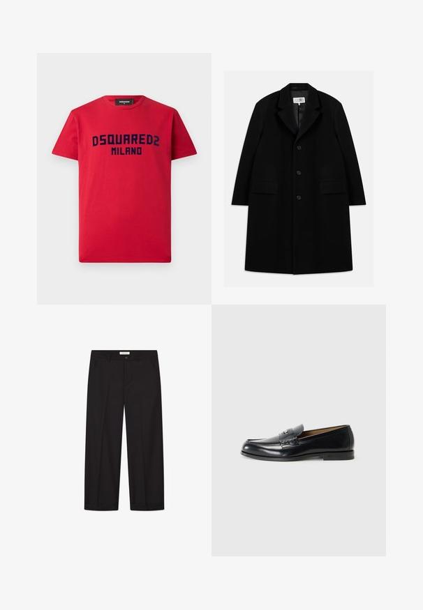 Abrigo de lana negro con cuello de muesca, cinco botones, dos bolsillos frontales y una textura suave, que llega hasta la mitad del muslo.; Camiseta de algodón roja con mangas cortas, que presenta el logo en azul marino "DSQUARED2 MILANO" en el pecho. Diseño clásico de cuello redondo.; Pantalones de pierna ancha negros, confeccionados con una tela suave. Cuentan con cierre de botón y cremallera, dos bolsillos delanteros y un acabado de dobladillo nítido.; Mocasines de cuero en negro con un acabado liso, puntera redondeada, costuras decorativas y un pequeño acento metálico en la parte frontal.