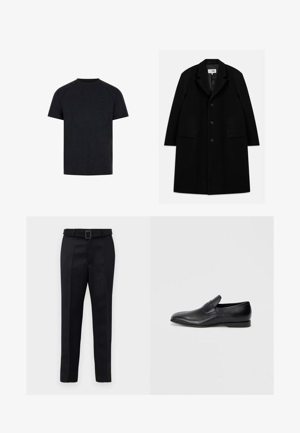 Must värviline villane ülerõivast, millel on nurgeline krae, viis nuppu, kaks esimist taskut ja sile tekstuur, ulatudes keskmise reie pikkuseni.; Must musta T-särk, mis on valmistatud siledast kangast. Omab lühikesi raglanvarrukaid ja peent reljeefset logo rinnaku piirkonnas.; Mustad mustad püksid on valmistatud siledast kangast, sirgelt lõigatud ja beldiga vöökoht, millel on ristkülikukujuline pandla. Märkimisväärsed esisellukid täiustavad disaini.; Must musta libisemisega king, millel on terav varvas, sile tekstuur ja tagasihoidlik bränding küljel. Madal konts puhta ja minimalistliku disainiga.