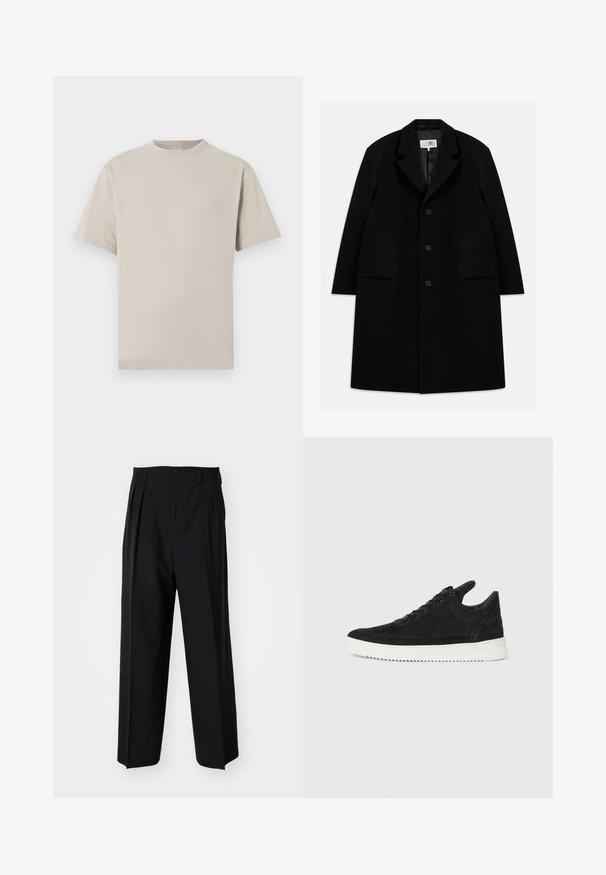 Czarny wełniany płaszcz z wyłogowym kołnierzem, pięcioma guzikami, dwoma przednimi kieszeniami i gładką fakturą, sięgający do połowy uda.; Jasno beżowa bawełniana koszulka z okrągłym dekoltem, krótkimi rękawami i prostym wykończeniem. Gładka faktura, bez wzorów i ozdób.; Czarne plisowane spodnie o prostym, szerokim kroju nogawek. Wykonane z gładkiego materiału, z zapięciem na guzik i pętelkami na pasek.; Czarne zamszowe sneakersy z białą gumową podeszwą, z tonalnym przeszyciem i sznurowanym zapięciem. Gładka tekstura, nowoczesny, smukły kształt.