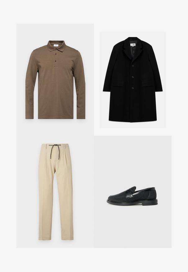 Schwarzer Wollmantel mit Reverskragen, fünf Knöpfen, zwei Fronttaschen und glatter Textur, der bis zur Mitte des Oberschenkels reicht.; Braunes Langarm-Polo-Shirt aus weichem Stoff, mit klassischem Kragen, Drei-Knopf-Leiste und dezenten Stickdetails.; Beige Hose mit geradem Schnitt, ausgestattet mit einem Kordelzugbund, gefältelter Vorderseite und glatter Textur. Einfaches, vielseitiges Design.; Schwarzer geflochtener Slipper mit einem glatten Lederakzent im Obermaterial, einem runden Zehendesign und einer flachen Gummisohle.