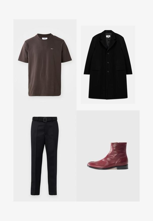 Čierny vlnený kabát s vystrihom, piatimi gombíkmi, dvoma prednými vreckami a hladkým povrchom, s dĺžkou po stred stehna.; Hnedé bavlnené tričko s rebrovaným okrúhlym výstrihom. Obsahuje malé biele logo na ľavej strane hrude. Krátke rukávy a rovný lem.; Čierne nohavice na mieru majú hladkú tkaninu, rovný strih a opasok s obdĺžnikovou sponou. Výrazné predné skladky zvýrazňujú dizajn.; Burgundské kožené členkové topánky s hladkou textúrou, bočným zipsom, zaoblenou špičkou a nízkym čiernym podpätkom, s jemnými vráskami a minimálnym prešívaním.