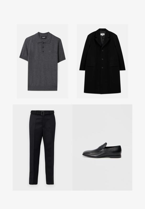 Must värviline villane ülerõivast, millel on nurgeline krae, viis nuppu, kaks esimist taskut ja sile tekstuur, ulatudes keskmise reie pikkuseni.; Tumehall polo-särk, mis on valmistatud siledast kangast, kolmnupulise kaelusega, lühikeste varrukatega ning rinna peal on peene reljeefne logo.; Mustad mustad püksid on valmistatud siledast kangast, sirgelt lõigatud ja beldiga vöökoht, millel on ristkülikukujuline pandla. Märkimisväärsed esisellukid täiustavad disaini.; Must musta libisemisega king, millel on terav varvas, sile tekstuur ja tagasihoidlik bränding küljel. Madal konts puhta ja minimalistliku disainiga.