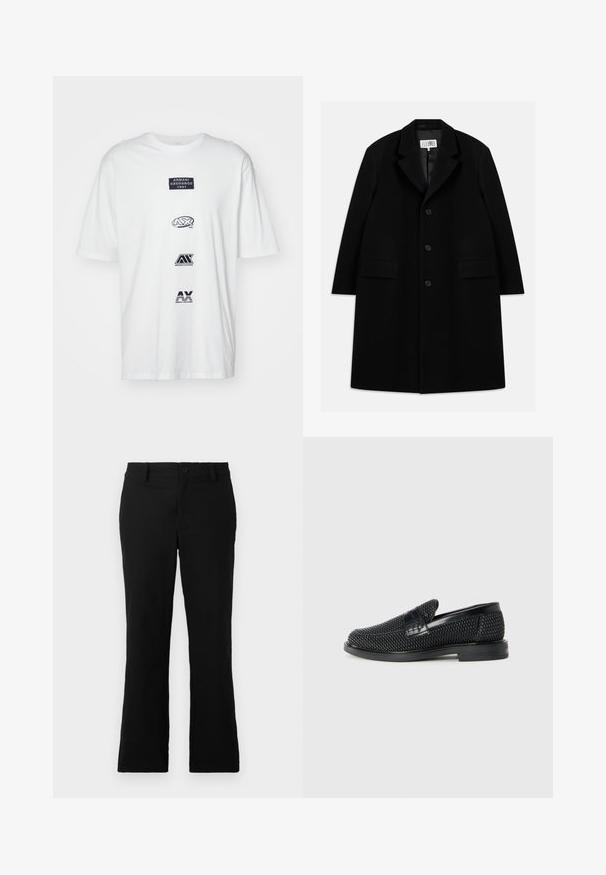 Melnas vilnas virsjakas, kurai ir iegriezts apkakle, pieci pogas, divas priekšējās kabatas un gluda tekstūra, kas sniedzas līdz vidusceļam.; Balta kokvilnas T-kreklu ar trim izšūtiem logotipiem: "ARMANI EXCHANGE 1991," "AX 1991," un "AX" zilā un melnā krāsā. Apaļš kakla izgriezums.; Melni plati bikses, izgatavotas no kokvilnas sajaukuma auduma, ar pogu aizdari, jostas cilpām un gludu tekstūru, bez redzamām rakstām.; Melnas austas slaidu kurpes ar gludu ādas akcentu augšpusē, apaļas formas purngalu un zemas profila gumijas zoli.