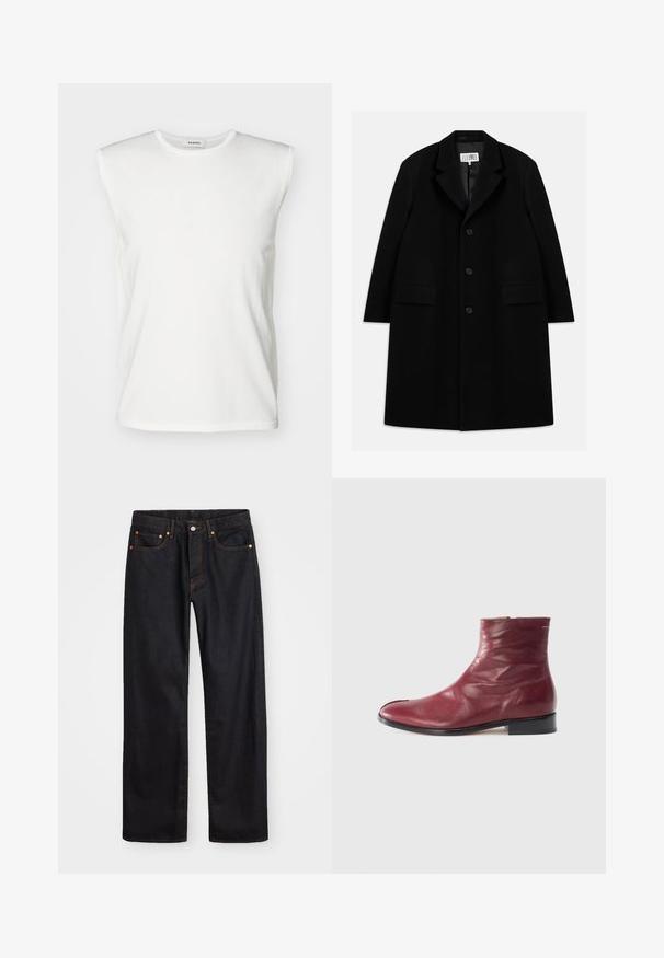Must värviline villane ülerõivast, millel on nurgeline krae, viis nuppu, kaks esimist taskut ja sile tekstuur, ulatudes keskmise reie pikkuseni.; sandro PABLO TANK - Topp - ecru; Meeste sirge jala mustad denim teksad viie taskuga, oranž õmblus, nupu ja tõmblukuga ees nagu vöökoht.; Burgundia nahast pahkluu saapad, millel on sile pind, külgmine tõmblukk, ümar varvas ja madal must konts, millel on peened kortsud ja minimaalne õmblus.