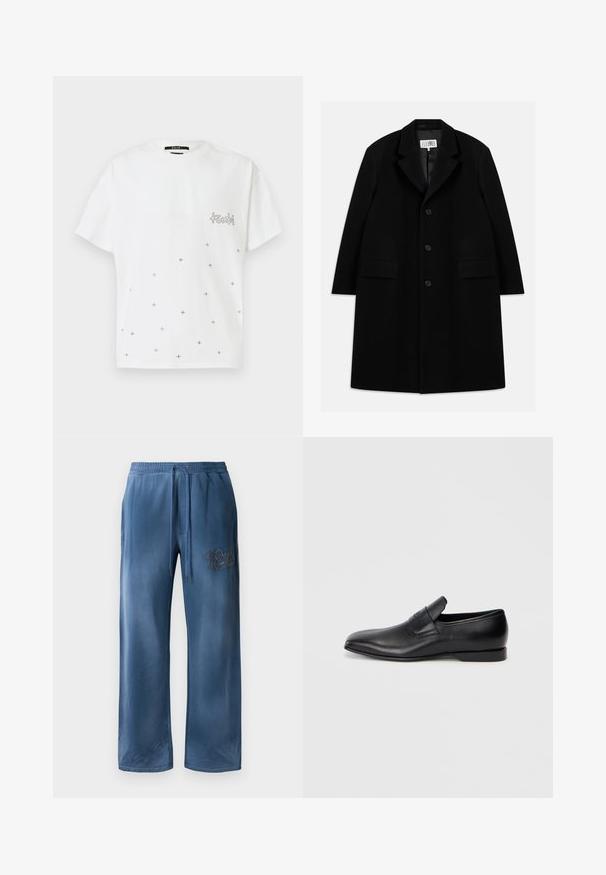 Černý vlněný kabát s klopovým límcem, pěti knoflíky, dvěma předními kapsami a hladkým povrchem, sahající až k délce mid-thigh.; Bílá bavlněná tričko s krátkým rukávem, na kterém je logo na hrudi a rozptýlený vzor malých kovových křížků.; Modré sametové kalhoty širokého střihu s elastickým pasem, šňůrkou, bočními kapsami a vyšívaným logem na pravém stehně.; Černá kožená slip-on obuv s špičatou špičkou, hladkou texturou a jemným logem na boku. Nízký podpatek s čistým, minimalistickým designem.
