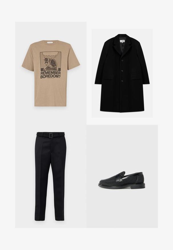 Black wool overcoat featuring a notched collar, five buttons, two front pockets, and a smooth texture, extending to mid-thigh length.; Beige cotton t-shirt featuring a graphic with a figure in thought and the text "REMEMBER BOREDOM?" printed in black. Crew neck design.; Black tailored trousers feature a smooth fabric, straight cut, and a belted waist with a rectangular buckle. Notable front creases enhance the design.; Black woven slip-on shoe with a smooth leather accent on the upper, a round toe design, and a low-profile rubber sole.