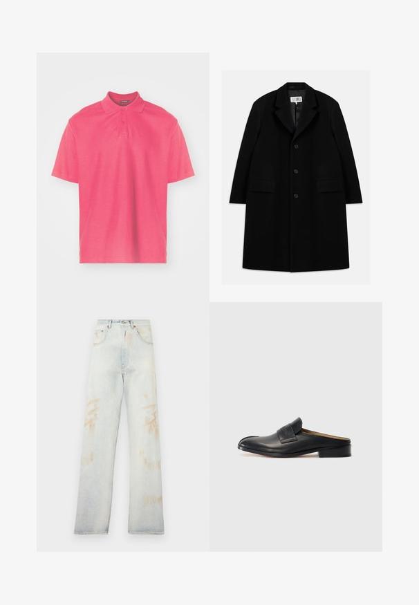 Fekete gyapjú kabát, hézagolt gallérral, öt gombbal, két elülső zsebbel és sima textúrával, mid-thigh hosszúságban.; Rövid ujjú polo póló élénk rózsaszínben. Sima pamutból készült, klasszikus gallérral, két gombos felsőrésszel és diszkrét logóval a mellrészen.; Világoskék farmernadrág magas derékkal, széles lábakkal és enyhe kopott foltokkal. Hagyományos öt zsebes kivitel és fém díszítések jellemzik.; Fekete bőr slip-on cipő lekerekített orral, alacsony blokk sarkával és elülső pánttal. Simább textúrájú, finom logó részlettel a pánton.