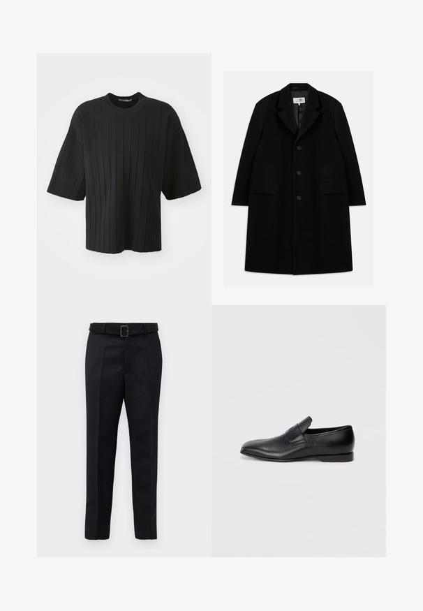Palton negru din lână, cu guler în formă de v, cinci nasturi, două buzunare frontale și o textură fină, ajungând până la jumătatea coapsei.; Top scurt negru cu mânecă scurtă, cu o croială lejeră, având textură verticală cu țesătură în dungi și decolteu rotund, fabricat dintr-un material moale și elastic.; Pantalonii negri ajustați sunt fabricați dintr-un material neted, au croi drept și o talie încrustată cu o cataramă rectangulară. Pliseele frontale notabile îmbunătățesc designul.; Pantofii negri din piele, slip-on, cu vârf ascuțit, textură netedă și branding subtil pe lateral. Toc jos cu un design curat și minimal.