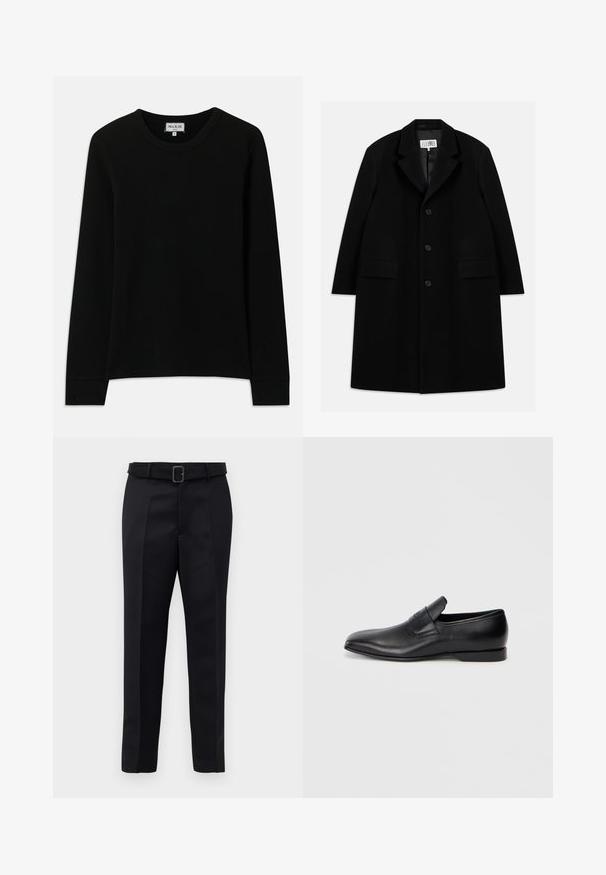 Black wool overcoat featuring a notched collar, five buttons, two front pockets, and a smooth texture, extending to mid-thigh length.; Black long-sleeve ribbed knit shirt with crew neck, labeled Paul & Joe Paris, size medium, displayed on a white background.; Black tailored trousers feature a smooth fabric, straight cut, and a belted waist with a rectangular buckle. Notable front creases enhance the design.; Black leather slip-on shoe with a pointed toe, smooth texture, and subtle branding on the side. Low heel with a clean, minimal design.