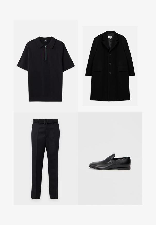 Black wool overcoat featuring a notched collar, five buttons, two front pockets, and a smooth texture, extending to mid-thigh length.; Black short-sleeve polo shirt with a zip-up collar featuring a multicolored stripe. Made from a smooth fabric with a fitted design.; Black tailored trousers feature a smooth fabric, straight cut, and a belted waist with a rectangular buckle. Notable front creases enhance the design.; Black leather slip-on shoe with a pointed toe, smooth texture, and subtle branding on the side. Low heel with a clean, minimal design.