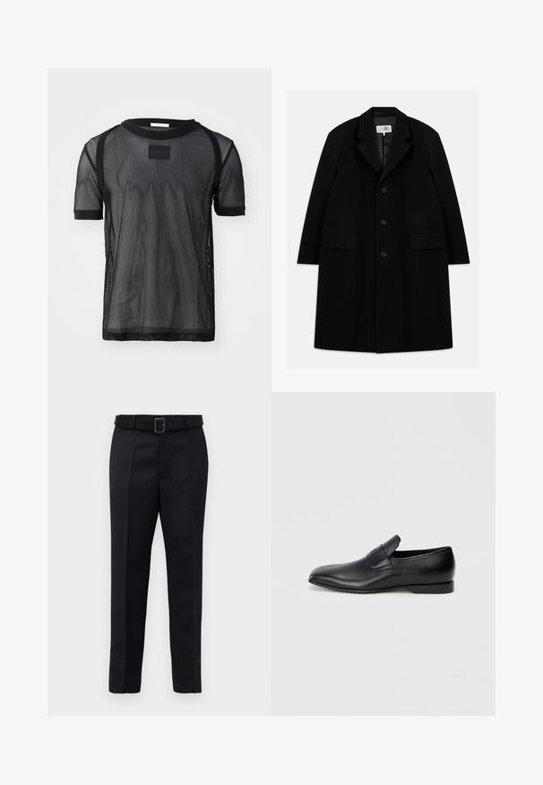 Fekete gyapjú kabát, hézagolt gallérral, öt gombbal, két elülső zsebbel és sima textúrával, mid-thigh hosszúságban.; Helmut Lang LOGO - Basic póló - black; A fekete, szabott nadrág sima anyagból készült, egyenes szabású, és övvel rendelkezik, amelynek téglalap alakú csatja van. A figyelemre méltó elülső redők fokozzák a dizájnt.; Fekete bőr, slip-on stílusú cipő, hegyes orral, sima textúrával és diszkrét logóval az oldalon. Alacsony sarokkal és letisztult, minimalista dizájnnal.