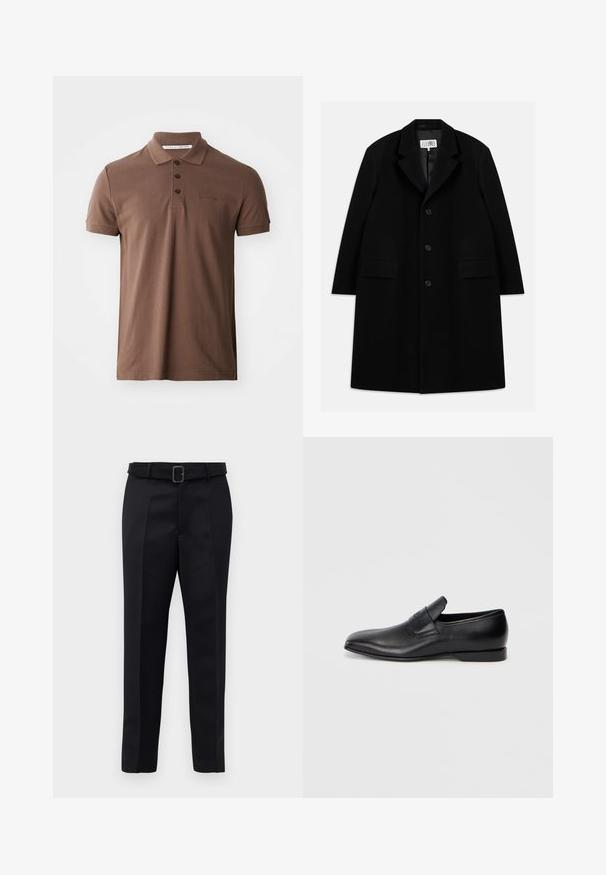 Fekete gyapjú kabát, hézagolt gallérral, öt gombbal, két elülső zsebbel és sima textúrával, mid-thigh hosszúságban.; Barna pamut póló, klasszikus gallérral, három gombbal és rövid ujjal; a mellkasán hímzett logóval rendelkezik.; A fekete, szabott nadrág sima anyagból készült, egyenes szabású, és övvel rendelkezik, amelynek téglalap alakú csatja van. A figyelemre méltó elülső redők fokozzák a dizájnt.; Fekete bőr, slip-on stílusú cipő, hegyes orral, sima textúrával és diszkrét logóval az oldalon. Alacsony sarokkal és letisztult, minimalista dizájnnal.