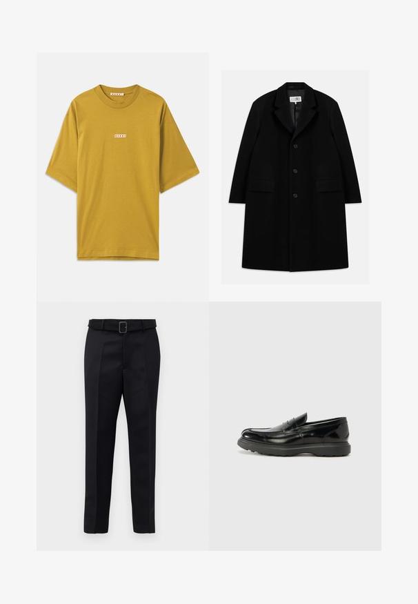 Juodas vilnonis paltas su įpjovimu, penkiais mygtukais, dviem priekinėm kišenėm ir lygiu paviršiumi, siekiantis iki vidurio šlaunies.; Garuos geltonos medvilnės marškinėliai su apvaliu kaklu, trumpomis rankovėmis ir mažu stačiakampiu žymeniu, kuriame raudonai pateikta prekės ženklo pavadinimas.; Juodos pritaikytos kelnės turi lygią medžiagą, tiesų kirpimą ir diržą su stačiakampiu sagtimi. Išskirtiniai priekiniai raukšliai pagerina dizainą.; Juodas odinis loaferis su blizgiu paviršiumi, apvaliu pirštu, subtiliais siūlių detalėmis ir storu guminio pado, užtikrinančio ilgaamžiškumą.