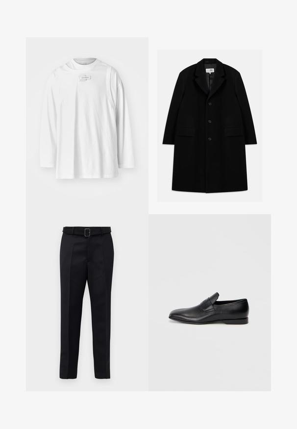 Černý vlněný kabát s klopovým límcem, pěti knoflíky, dvěma předními kapsami a hladkým povrchem, sahající až k délce mid-thigh.; Feng Chen Wang DECONSTRUCTION UNISEX - Top s dlouhým rukávem - white; Černé oblekové kalhoty mají hladkou tkaninu, rovný střih a pas s opaskem a obdélníkovou sponou. Výrazné přední záhyby zvýrazňují design.; Černá kožená slip-on obuv s špičatou špičkou, hladkou texturou a jemným logem na boku. Nízký podpatek s čistým, minimalistickým designem.