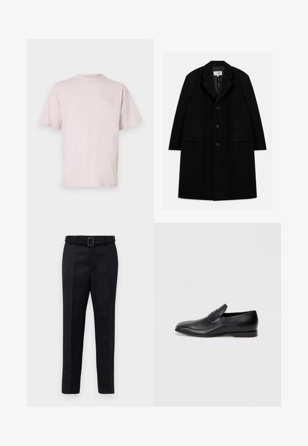 Melnas vilnas virsjakas, kurai ir iegriezts apkakle, pieci pogas, divas priekšējās kabatas un gluda tekstūra, kas sniedzas līdz vidusceļam.; Gaiši rozā kokvilnas T-krekls ar īsām piedurknēm, apaļo kakla izgriezumu un uzdrukātu tekstu "NoProblemo" baltā krāsā uz priekšpuses.; Melni piegriezti bikses ar gludu audumu, taisnu piegriezumu un jostu ar taisnleņķa sprādzi. Pamanāmie priekšējie iegriezumi uzlabo dizainu.; Melna ādas slēgta kurpe ar smailu purngalu, gludu virsmu un diskrētu zīmolu uz sāniem. Zems papēdis ar tīru, minimālistisku dizainu.