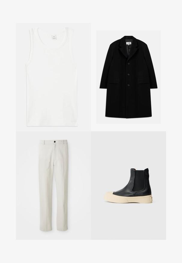 Czarny wełniany płaszcz z wyłogowym kołnierzem, pięcioma guzikami, dwoma przednimi kieszeniami i gładką fakturą, sięgający do połowy uda.; Biały bawełniany top na ramiączkach z okrągłym dekoltem i bez rękawów. Gładka tekstura i prosty krój, bez wzorów czy ozdób.; Beżowe spodnie o prostym kroju z paskiem, z zapięciem na guziki z przodu i suwakiem, wyeksponowane na białym tle.; Czarne skórzane botki za kostkę z zaokrąglonym noskiem i beżową podeszwą na platformie. Posiadają elastyczne boki ułatwiające zakładanie oraz gładką fakturę.