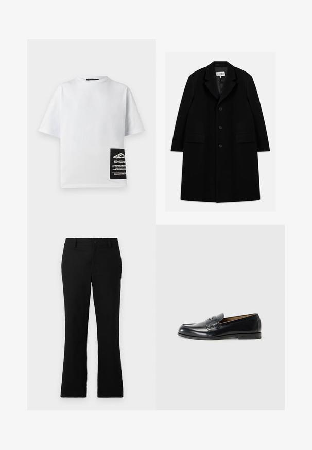 Černý vlněný kabát s klopovým límcem, pěti knoflíky, dvěma předními kapsami a hladkým povrchem, sahající až k délce mid-thigh.; Bílý bavlněný tričko s kulatým výstřihem, krátkými rukávy a černou etiketou s logem a textem v pravém dolním rohu.; Černé rozšiřující se kalhoty vyrobené z bavlněné směsi, s knoflíkovým uzávěrem, poutky na pás a hladkou strukturou bez viditelných vzorů.; Kožené mokasíny v černé barvě s hladkým povrchem, kulatou špičkou, dekorativním prošíváním a malým kovovým detailem na přední straně.