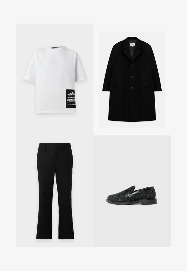 Abrigo de lana negro con cuello de muesca, cinco botones, dos bolsillos frontales y una textura suave, que llega hasta la mitad del muslo.; Camiseta de algodón blanca con cuello redondo, mangas cortas y una etiqueta negra con el logo y el texto en la esquina inferior derecha.; Pantalones de campana negros hechos de una mezcla de algodón, con cierre de botón, trabillas para el cinturón y una textura suave sin patrones visibles.; Zapato negro de tejido con un acento de cuero suave en la parte superior, diseño de punta redonda y suela de goma de perfil bajo.
