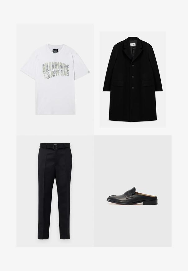 Manteau en laine noire avec col en pointe, cinq boutons, deux poches avant et une texture lisse, s'étendant jusqu'à mi-cuisse.; T-shirt en coton blanc avec le texte "Billionaire Boys Club" dans un design dégradé. Manches courtes et col rond.; Un pantalon noir ajusté en tissu lisse, à coupe droite, avec une taille ceinturée et une boucle rectangulaire. Des plis avant notables accentuent le design.; Chaussure noire en cuir à enfiler, avec un bout rond, un petit talon carré et une sangle à l'avant. Texture lisse avec un subtil logo sur la sangle.