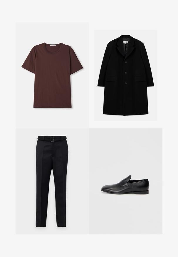 Must värviline villane ülerõivast, millel on nurgeline krae, viis nuppu, kaks esimist taskut ja sile tekstuur, ulatudes keskmise reie pikkuseni.; Tumed burgundia lühikeste varrukatega T-särk, mis on valmistatud pehmest puuvillast. Omab ümmargust kaelust ja vabamat lõiget, ilma nähtavate mustrite või tarvikuteta.; Mustad mustad püksid on valmistatud siledast kangast, sirgelt lõigatud ja beldiga vöökoht, millel on ristkülikukujuline pandla. Märkimisväärsed esisellukid täiustavad disaini.; Must musta libisemisega king, millel on terav varvas, sile tekstuur ja tagasihoidlik bränding küljel. Madal konts puhta ja minimalistliku disainiga.