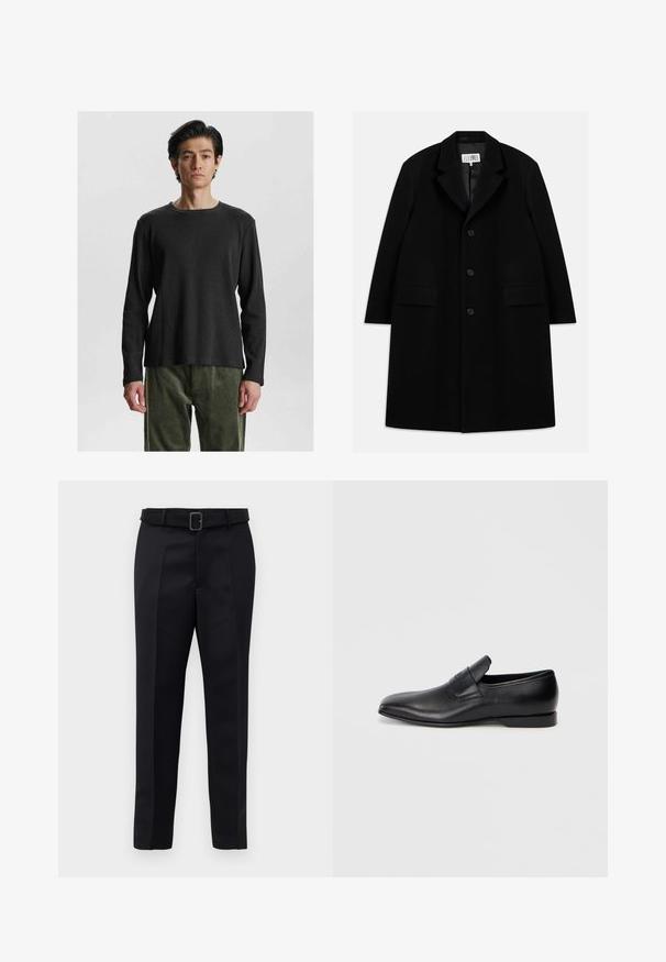 Must värviline villane ülerõivast, millel on nurgeline krae, viis nuppu, kaks esimist taskut ja sile tekstuur, ulatudes keskmise reie pikkuseni.; Must värvi pikkade varrukatega ribatatud t-särk ümarate kraega. Omab tekstuurset kangast ja vabalt istuvat lõiget, millele on kombineeritud oliivrohelised, pehme tekstuuriga püksid.; Mustad mustad püksid on valmistatud siledast kangast, sirgelt lõigatud ja beldiga vöökoht, millel on ristkülikukujuline pandla. Märkimisväärsed esisellukid täiustavad disaini.; Must musta libisemisega king, millel on terav varvas, sile tekstuur ja tagasihoidlik bränding küljel. Madal konts puhta ja minimalistliku disainiga.