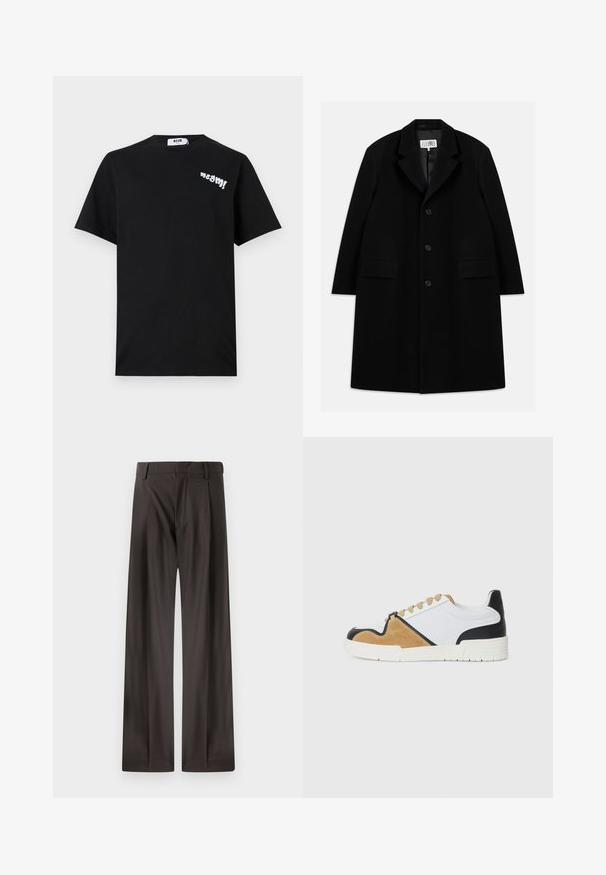 Must värviline villane ülerõivast, millel on nurgeline krae, viis nuppu, kaks esimist taskut ja sile tekstuur, ulatudes keskmise reie pikkuseni.; Mustmust värvi puuvillane T-särk lühikeste varrukatega, mille vasakul rinnaosal on valge mänguline tekst "msgm!" ja ümmargune kaelus.; Tumed jalad püksid tumepruunist kangast. Omavad siledat tekstuuri, struktureeritud vööd ja tagasihoidlikke eesplekke.; Valgedest kangast tennised, millel on beež nubuk- ja musta nahaga detailid, ümar varvas, tasane nööridega disain ning tekstureeritud tallad.