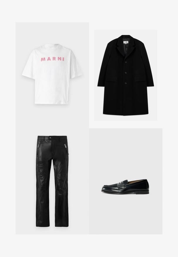 Černý vlněný kabát s klopovým límcem, pěti knoflíky, dvěma předními kapsami a hladkým povrchem, sahající až k délce mid-thigh.; Bílý bavlněný tričko s nápisem „MARNI“ v červeném a růžovém károvaném vzoru. Krátké rukávy a uvolněný střih.; Černé kožené kalhoty s předními zipovými kapsami, poutky na opasek, prošitými kolenními panely a embosovanými nášivkami značek Ducati a Dsquared2 na stehně.; Černé kožené mokasíny s texturovaným svrškem, opleteným detailem a hladkým povrchem. Nízký podpatek a minimalistický design.