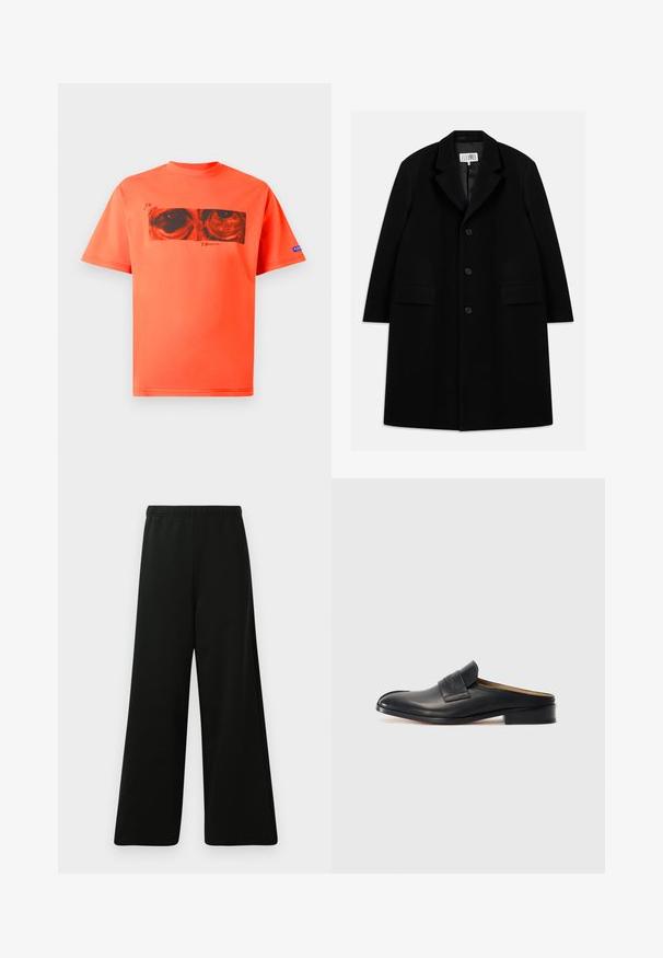 Must värviline villane ülerõivast, millel on nurgeline krae, viis nuppu, kaks esimist taskut ja sile tekstuur, ulatudes keskmise reie pikkuseni.; Lühikeste varrukatega särgid elava oranži puuvilla värvuses, mille esiküljel on must graafiline prindi silmadega, ning ribaga oberheri kaelusega.; Mustad laiad püksid, mis on valmistatud pehmest kangast. Omavad elastset vöökohta, sujuvat tekstuuri ja lihtsat, modernset disaini ilma mustriteta.; Must musta libisemisega king, ümarate varvaste ja madala ploki kandaga, millel on eesmine rihm. Sile tekstuur koos peene logo detailiga rihmal.