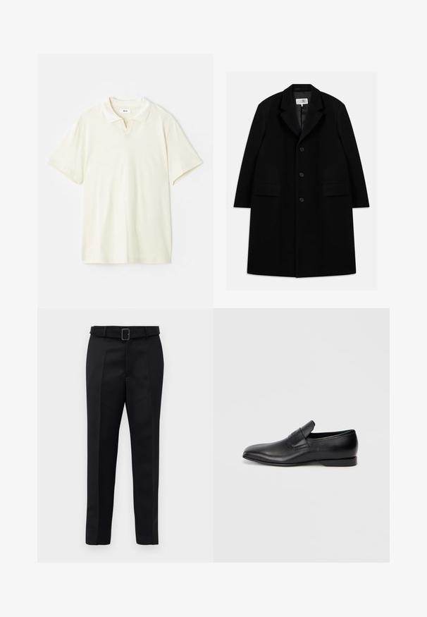 Juodas vilnonis paltas su įpjovimu, penkiais mygtukais, dviem priekinėm kišenėm ir lygiu paviršiumi, siekiantis iki vidurio šlaunies.; Kremo spalvos polo marškiniai su klasikinio tipo apykakle, trumpomis rankovėmis ir nedideliu v-formos įpjovimu prie kaklo. Lygus audinys ir minimalus dizainas.; Juodos pritaikytos kelnės turi lygią medžiagą, tiesų kirpimą ir diržą su stačiakampiu sagtimi. Išskirtiniai priekiniai raukšliai pagerina dizainą.; Juodos odinės slip-on tipo bateliai su smailiu pirštu, lygia tekstūra ir subtiliu ženklinimu šone. Žemas kulnas su tvarkingu, minimalistiniu dizainu.