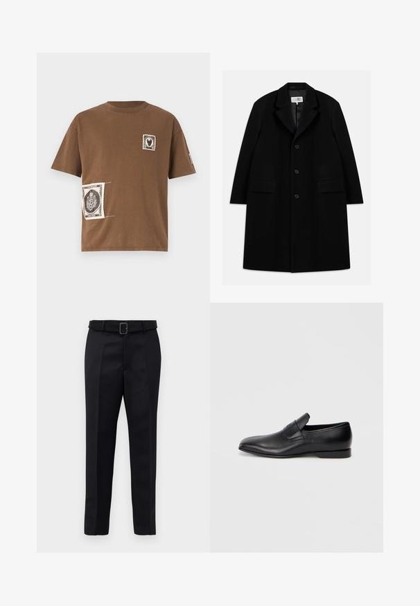 Mustasta villakangastakista, jossa on viisteellinen kaulus, viisi nappia, kaksi etutaskua ja sileä pinta, ulottuu reiden puoliväliin saakka.; Ruskea puuvillainen t-paita, jossa on pyöreä kaula-aukko. Paitassa on kaksi koristeellista paikkaa, jotka muistuttavat mustavalkoisista vintage-leimoista.; Mustat räätälöidyt housut on valmistettu sileästä kankaasta, niissä on suora leikkaus ja vyötäröllä solki, jossa on suorakulmainen muoto. Huomattavat etu taitteet parantavat muotoilua.; Musta nahkainen liukukengä, jossa on terävä kärki, sileä pinta ja huomaamaton brändäys sivussa. Matala korko ja siisti, minimalistinen muotoilu.
