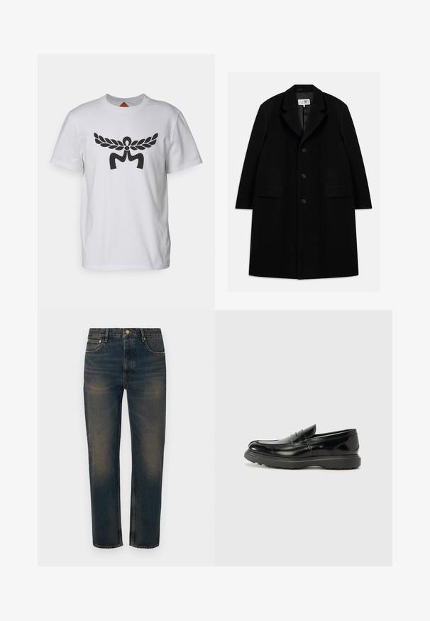 Juodas vilnonis paltas su įpjovimu, penkiais mygtukais, dviem priekinėm kišenėm ir lygiu paviršiumi, siekiantis iki vidurio šlaunies.; Balta medvilninė marškinė su dideliu juodu piešiniu centre, kuris primena sparnus ir stilizuotą raidę "M". Trumpomis rankovėmis, apvaliu kaklu.; Tamsiai mėlynos džinsinės kelnės su tiesiu siluetu, penkių kišenių dizainu, mygtuko uždarymu ir šviesiais blukimo akcentais tekstūrai.; Juodas odinis loaferis su blizgiu paviršiumi, apvaliu pirštu, subtiliais siūlių detalėmis ir storu guminio pado, užtikrinančio ilgaamžiškumą.
