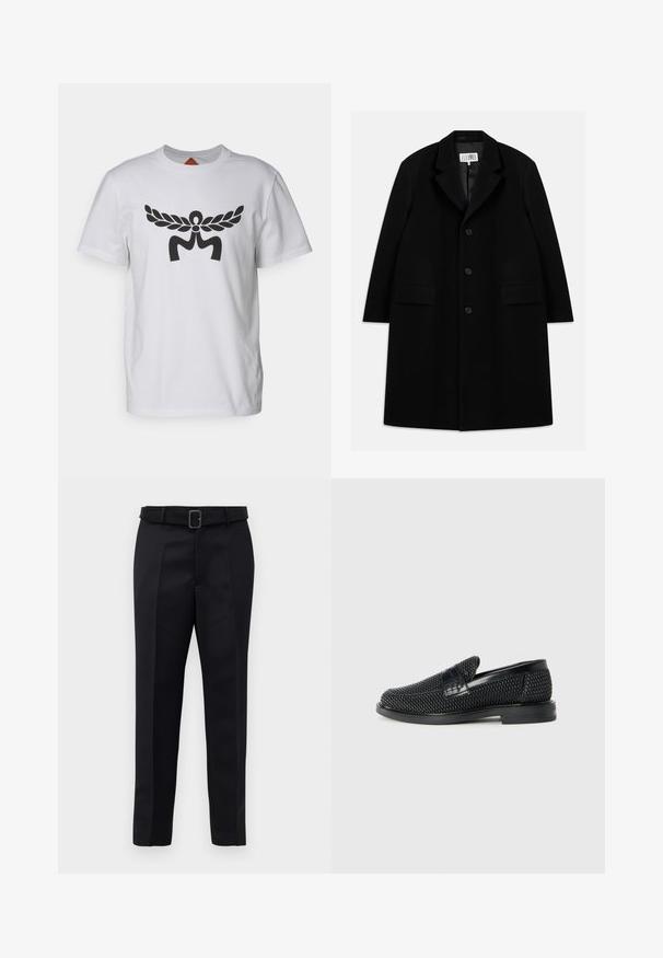 Must värviline villane ülerõivast, millel on nurgeline krae, viis nuppu, kaks esimist taskut ja sile tekstuur, ulatudes keskmise reie pikkuseni.; Valge puuvillane T-särk, mille keskel on suur must graafiline disain, mis meenutab tiibu ja stiliseeritud tähte "M". Lühikesed varrukad, ümmargune kaelus.; Mustad mustad püksid on valmistatud siledast kangast, sirgelt lõigatud ja beldiga vöökoht, millel on ristkülikukujuline pandla. Märkimisväärsed esisellukid täiustavad disaini.; Must musta kootud slip-on king, millel on pehme nahast accent ülaserval, ümmargune varvas ja madal profiiliga kummitald.