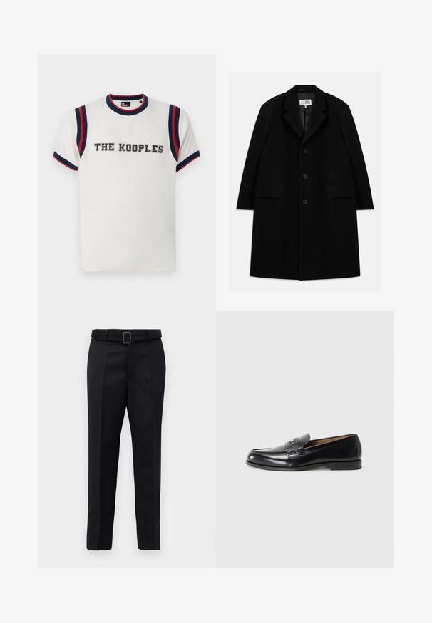 Black wool overcoat featuring a notched collar, five buttons, two front pockets, and a smooth texture, extending to mid-thigh length.; White t-shirt with a round neck, featuring blue and red striped accents on sleeves, and "THE KOOPLES" embroidered in bold across the front.; Black tailored trousers feature a smooth fabric, straight cut, and a belted waist with a rectangular buckle. Notable front creases enhance the design.; Leather loafers in black with a smooth finish, rounded toe, decorative stitching, and a small metal accent on the front.