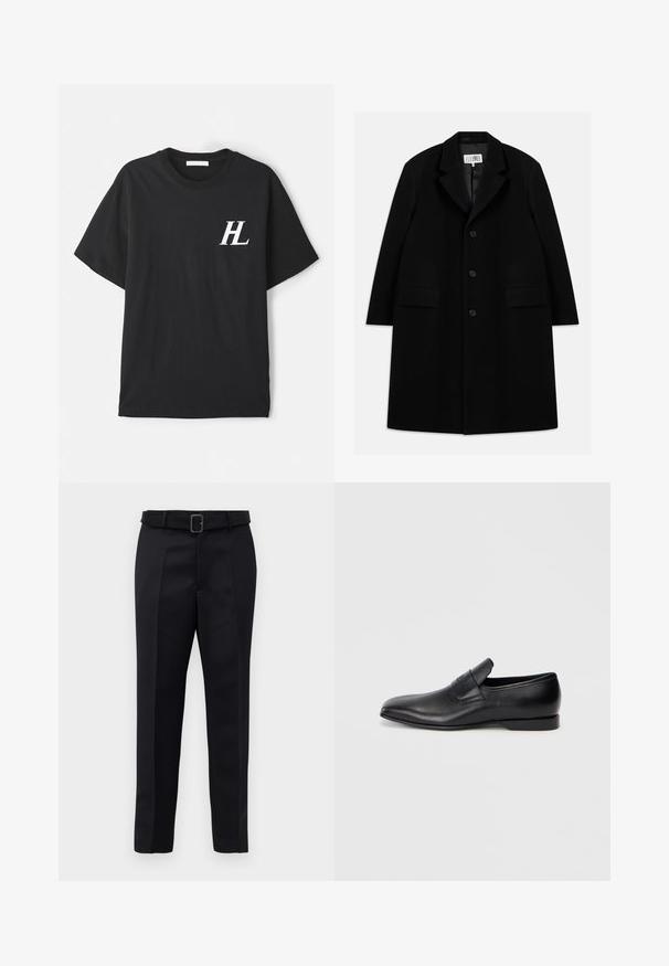 Sort uld overfrakke med notched krave, fem knapper, to forlommer og en glat tekstur, der strækker sig til midt-lår længde.; Sort bomulds T-shirt med korte ærmer, der har et hvidt "HL" logo på venstre bryst. Regular fit, glat tekstur og klassisk rund hals design.; Sorte skræddersyede bukser har et glat stof, lige snit og en bæltestrop med en rektangulær spænde. Bemærkelsesværdige forreste folder fremhæver designet.; Sorte læder slip-on sko med spids tå, glat overflade og diskret branding på siden. Lav hæl med et rent, minimalistisk design.