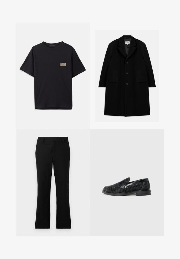 Černý vlněný kabát s klopovým límcem, pěti knoflíky, dvěma předními kapsami a hladkým povrchem, sahající až k délce mid-thigh.; Černé bavlněné tričko s krátkým rukávem, s malou obdélníkovou zlatou texturovou nášivkou s logem "MK" na levé části hrudi.; Černé rozšiřující se kalhoty vyrobené z bavlněné směsi, s knoflíkovým uzávěrem, poutky na pás a hladkou strukturou bez viditelných vzorů.; Černé pletené nazouvací boty s hladkým koženým akcentem na svršku, kulatou špičkou a nízkoprofilovou gumovou podrážkou.