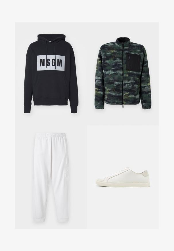 Fleece jacket with a green and black abstract pattern, high collar, full zipper, and a left chest pocket in solid black fabric.; Black hooded sweatshirt with a front pocket, featuring a white rectangular logo with "MSGM" in bold black letters. Cotton material, relaxed fit.; White tapered sweatpants with an elastic waistband and cuffed ankles. Features a textured logo detail on the left thigh. Soft material.; White leather sneaker with a smooth surface, round toe, and minimalistic design. Features beige accents on the heel and a rubber sole.
