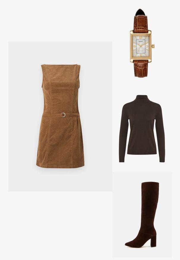 Švarkas su houndstooth raštu šviesiai bežinės spalvos, pritaikytas pagal figūrą, su dviem krūtinės kišenėmis, su mygtukais priekyje ir sidabro spalvos mygtukais.; Rudas golfas su aukštu kaklu, ilgomis rankovėmis, prigludusia forma ir banguota tekstūra aplink apykaklę ir rankovių kraštus.; Ruda velveto suknelė su kvadratiniu iškirpimu, be rankovių dizainu, prigludusia liemene ir diržu su sidabriniu apskritu akcentu.; Rudos suedinės kelio ilgio batai su smailiu pirštu ir stambiu kvadratiniu kulnu. Lygus paviršius, prigludusi koja ir be matomų užsegimų.; Ruda suedinė rankinė su trumpa rankena. Yra sidabrinis logotipas, žvaigždutės akcentas ir lygus paviršius. Kompaktinė stačiakampio forma.; Casio kvarcinis laikrodis su stačiakampiu auksinės spalvos korpusu, baltu ciferblatu, auksiniais valandų žymekliais ir rudo odinio krokodilo rašto dirželiu. Atsparus vandeniui.