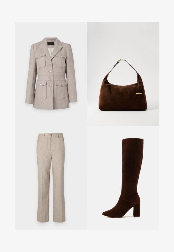 Vaaleanbeige houndstooth-kuvioinen bleiseri, jossa on muotoiltu leikkaus, kaksi rintataskua, napitettu etuosa ja hopeanväriset napit.; Beige pitkähihaine t-paita, jossa on korkeakaula-aukko, valmistettu pehmeästä, teksturoidusta kankaasta; siinä on slim fit -muotoilu ja korkea kaula. Ei näkyviä kuvioita tai varusteita.; Beige herringbone-housut suoran lahkeen kanssa, joissa on kaksi kultanappikoristetta vyötäröllä ja sileä, tekstuuriainen kangas.; Ruskokoinen mokkasaapikas polvipituudella, jossa on terävä kärki ja paksu neliökorokepohja. Suora pinta, jonka päällä on istuva varsi ilman näkyviä kiinnityksiä.; Ruskea mokkanahkainen olkalaukku, jolla on kaareva muotoilu, ja jossa on kultasävyinen yksityiskohta sekä yksi säädettävä olkahihna. Liukas pinta, jossa on minimaalista yksityiskohtaisuutta.; Casio-kvarsikello, jossa on suorakulmainen kultasävyinen kotelo, valkoinen kellotaulu, kultaiset tuntimerkit ja ruskea krokotiilikuosisilla nahkaremmeillä. Vedenkestävä.