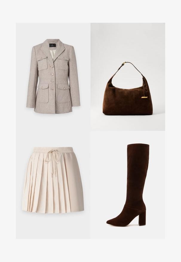 Vaaleanbeige houndstooth-kuvioinen bleiseri, jossa on muotoiltu leikkaus, kaksi rintataskua, napitettu etuosa ja hopeanväriset napit.; Valkoinen lyhythihainen T-paita, joka on valmistettu puuvillasta. Siinä on pyöreä kaula-aukko, suora helma ja pehmeä, sileä tekstuuri. Ei kuvioita tai grafiikkaa.; Valakääritty hame vaaleanbeigessä, pehmeästä kankaasta. Varustettu joustavalla vyötärönauhalla, jossa on nyöri, ja pystysuorilla laskoksilla, jotka antavat tekstuuria.; Ruskokoinen mokkasaapikas polvipituudella, jossa on terävä kärki ja paksu neliökorokepohja. Suora pinta, jonka päällä on istuva varsi ilman näkyviä kiinnityksiä.; Ruskea mokkanahkainen olkalaukku, jolla on kaareva muotoilu, ja jossa on kultasävyinen yksityiskohta sekä yksi säädettävä olkahihna. Liukas pinta, jossa on minimaalista yksityiskohtaisuutta.; Casio-kvarsikello, jossa on suorakulmainen kultasävyinen kotelo, valkoinen kellotaulu, kultaiset tuntimerkit ja ruskea krokotiilikuosisilla nahkaremmeillä. Vedenkestävä.