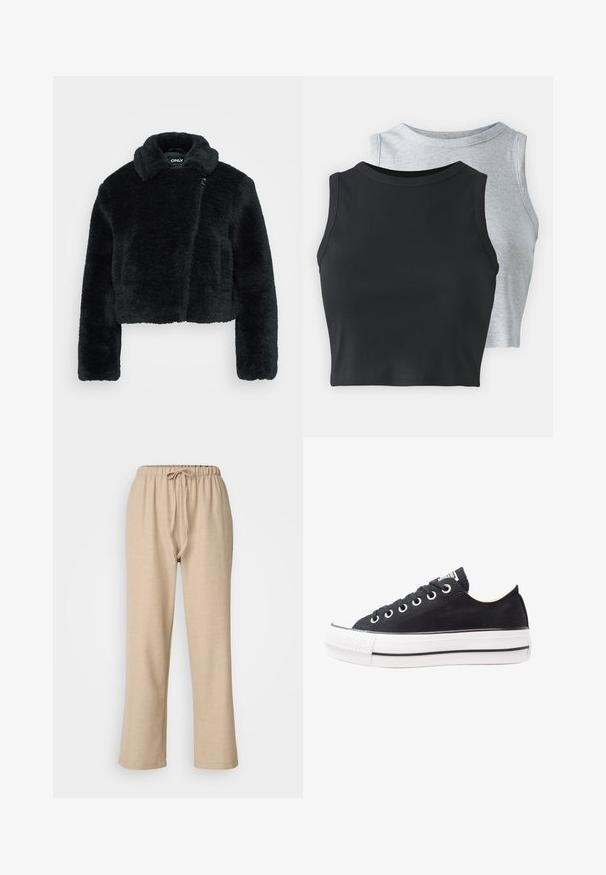 Lühike must tehiskarvajope pehme tekstuuriga, laia krae ja pikkade varrukatega. Omab külgklappi mugavaks selga panemiseks.; Even&Odd Petite 2 PACK - Topp - light grey/black; ONLY Petite ONLAMAHLE STRAIGHT PULL UP - Püksid - pumice stone; Mustkunst sünnil varrega mustad keedekad, valge kummine tald, ümmargune ninaosa, madal disain, metallist silmadega ja tekstureeritud ninaosa. Peen must riba taldadel.