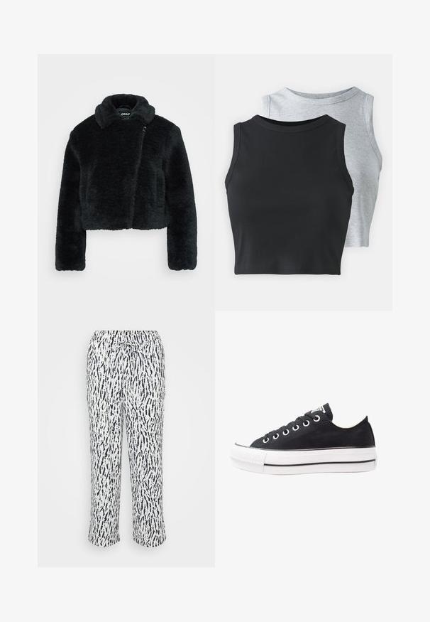 Giacca corta in pelliccia sintetica nera con una texture morbida, colletto ampio e maniche lunghe. Presenta una chiusura laterale per un facile indossamento.; Even&Odd Petite 2 PACK - Top - light grey/black; Pantaloni morbidi e leggeri in bianco con un motivo astratto in blu navy. Presentano una vita elastica con cordoncino per una vestibilità regolabile.; Sneaker nera in tela con suola in gomma bianca, punta tonda, design a bassa altezza, occhielli metallici e punta testurizzata. Sottile striscia nera lungo la suola.