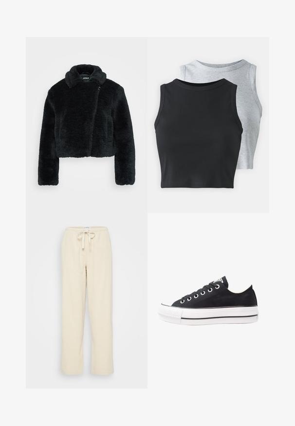 Izgriezta melna mākslīgā kažokādas virsjaka ar mīkstu tekstūru, plašu apkakli un garām piedurknēm. Tam ir sānu aizdare vieglai uzvilkšanai.; Even&Odd Petite 2 PACK - Tops - light grey/black; Even&Odd Petite Auduma bikses - beige; Melnas kanvas kedas ar baltu gumijas zoli, apaļi purngali, zema dizaina, metāla acu caurumi un teksturēts purngals. Plāna melna svītra gar zoli.