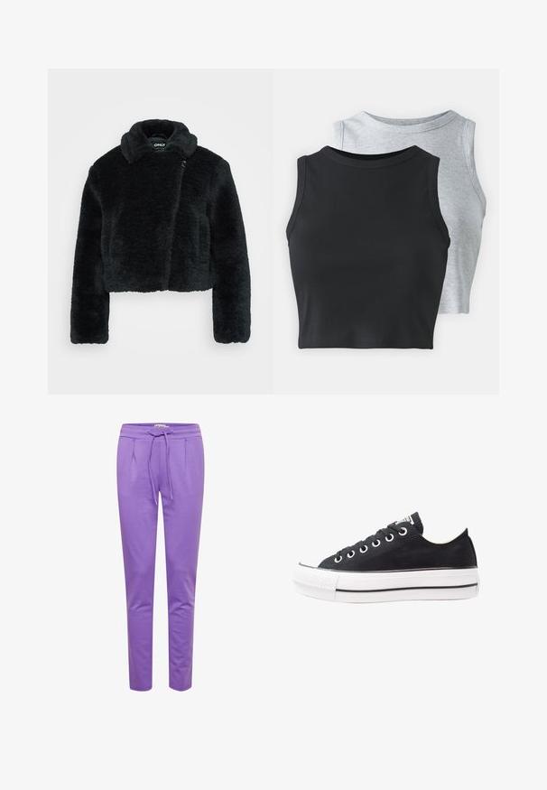 Izgriezta melna mākslīgā kažokādas virsjaka ar mīkstu tekstūru, plašu apkakli un garām piedurknēm. Tam ir sānu aizdare vieglai uzvilkšanai.; Even&Odd Petite 2 PACK - Tops - light grey/black; ICHI IHKATE PA2 - Treniņtērpa apakšdaļas - chive blossom; Melnas kanvas kedas ar baltu gumijas zoli, apaļi purngali, zema dizaina, metāla acu caurumi un teksturēts purngals. Plāna melna svītra gar zoli.