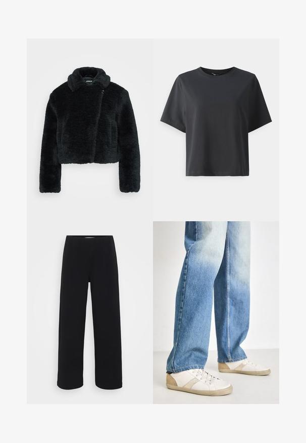 Rövidített fekete műszőrme dzseki, puha tapintással, széles gallérral és hosszú ujjakkal. Oldalra záródik, ami megkönnyíti a felvétele.; Fekete pamut póló, rövid ujjú, kerek nyakkivágású, laza szabású, sima textúrájú, egyszerű design, minta vagy kiegészítők nélkül.; Fekete, bő szárú nadrág, elasztikus derékkal. Texturált anyagból készült, laza szabású, egyenesen vágva a csípőtől a szegélyig.; Fehér sportcipők bézs részletekkel és texturált kidolgozással, világoskék, enyhén kopott farmernadrággal, laza szabásban párosítva.