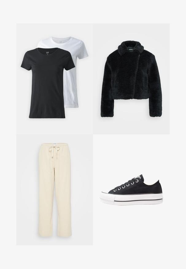 Lühike must tehiskarvajope pehme tekstuuriga, laia krae ja pikkade varrukatega. Omab külgklappi mugavaks selga panemiseks.; Kaks ümmarguse kaelusega T-särki, üks must ja teine valge, valmistatud puuvillast kangast. Lühikesed varrukad, sile tekstuur ja standardsed lõiked.; Even&Odd Petite Püksid - beige; Mustkunst sünnil varrega mustad keedekad, valge kummine tald, ümmargune ninaosa, madal disain, metallist silmadega ja tekstureeritud ninaosa. Peen must riba taldadel.