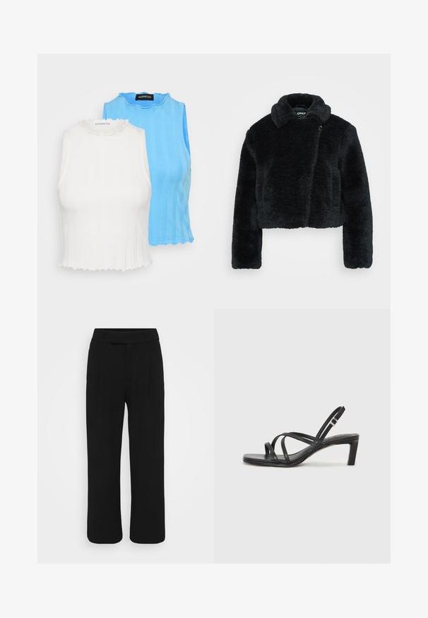 Jachetă scurtă din blană artificială neagră, cu o textură moale, guler lung și mâneci lungi. Dispune de o închidere laterală pentru a fi ușor de purtat.; Două bluze fără mâneci: una albă și una albastră deschisă. Ambele au o textură ribbatată, un gât cu margine ondulată și un design mulat.; Pantaloni negri cu picioare largi, confectionati dintr-un material neted, avand un front plat, bucle pentru centura si fara buzunare vizibile. Design curat si bine croit.; Sandal cu barete negre, cu vârf pătrat și toc mic de bloc. Prezintă mai multe barete subțiri și o bareta ajustabilă la gleznă. Fabricat din piele netedă.