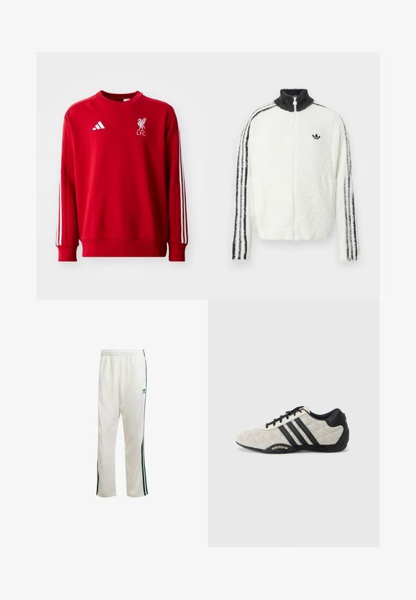 Giacca zip-up in pelliccia bianca con colletto alto, logo Adidas nero e strisce nere lungo le maniche. Texture morbida e vestibilità rilassata.; adidas Performance LIVERPOOL FC DNA SWEAT - Squadra - strawberry red; Pantaloni da ginnastica bianchi con strisce verdi sui lati, cintura elastica e un logo sulla parte superiore sinistra. Realizzati in tessuto leggero.; Scarpa sportiva Adidas con una toma superiore grigia chiara e testurizzata, e dettagli in pelle nera. Presenta il logo a tre strisce nere e una suola ammortizzata.