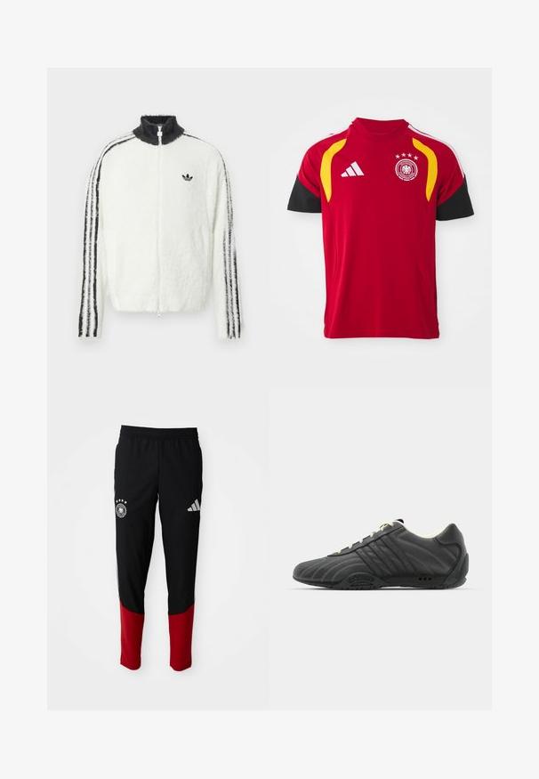 Futrzana kurtka zapinana na zamek w kolorze białym z wysokim kołnierzem, czarnym logo Adidas oraz czarnymi paskami wzdłuż rękawów. Miękka tekstura i luźny krój.; Czerwona koszulka narodowej drużyny piłkarskiej Niemiec z czarnymi rękawami, żółtymi akcentami na ramionach, logo Adidasa oraz herb zespołu z czterema gwiazdami na piersi.; Czarne spodnie sportowe z czerwonymi nogawkami, elastyczny pas, logo Adidas na prawej udzie oraz emblemat drużyny piłkarskiej Niemiec na lewej udzie.; adidas Originals ADIRACER UNISEX czarny
