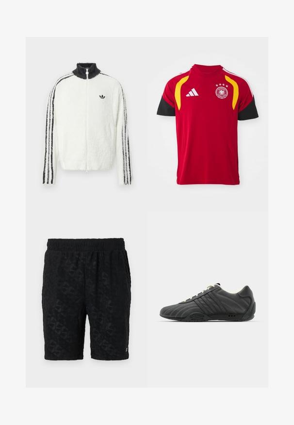 Giacca zip-up in pelliccia bianca con colletto alto, logo Adidas nero e strisce nere lungo le maniche. Texture morbida e vestibilità rilassata.; Maglia nazionale di calcio tedesca rossa con maniche nere, accenti gialli sulle spalle, logo Adidas e stemma della squadra con quattro stelle sul petto.; Pantaloni corti neri in tessuto testurizzato con un motivo in rilievo. Vita elastica per il massimo comfort. Design semplice senza hardware visibile.; adidas Originals ADIRACER UNISEX - Sneakers basse - core black/cream white